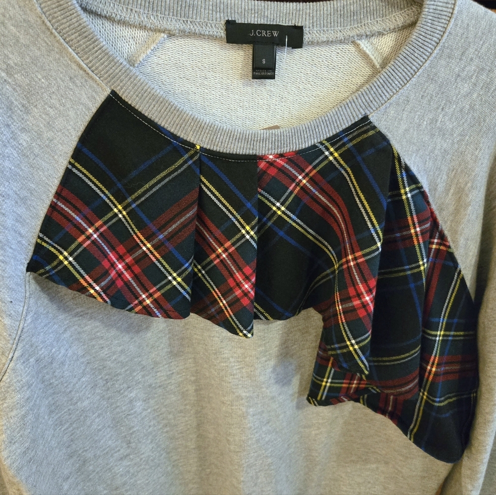 NEW J. Crew Gray Sweatshirt with Plaid Accent Sz Small - Picture 3 of 3